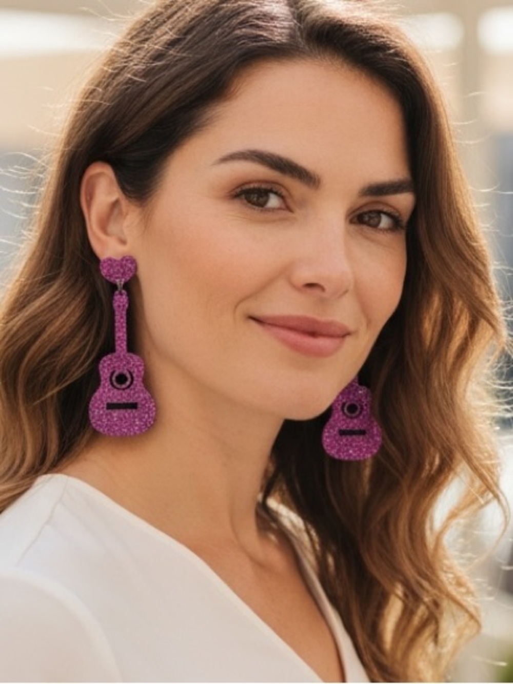 Pink Glitter Guitar Dangle Earrings